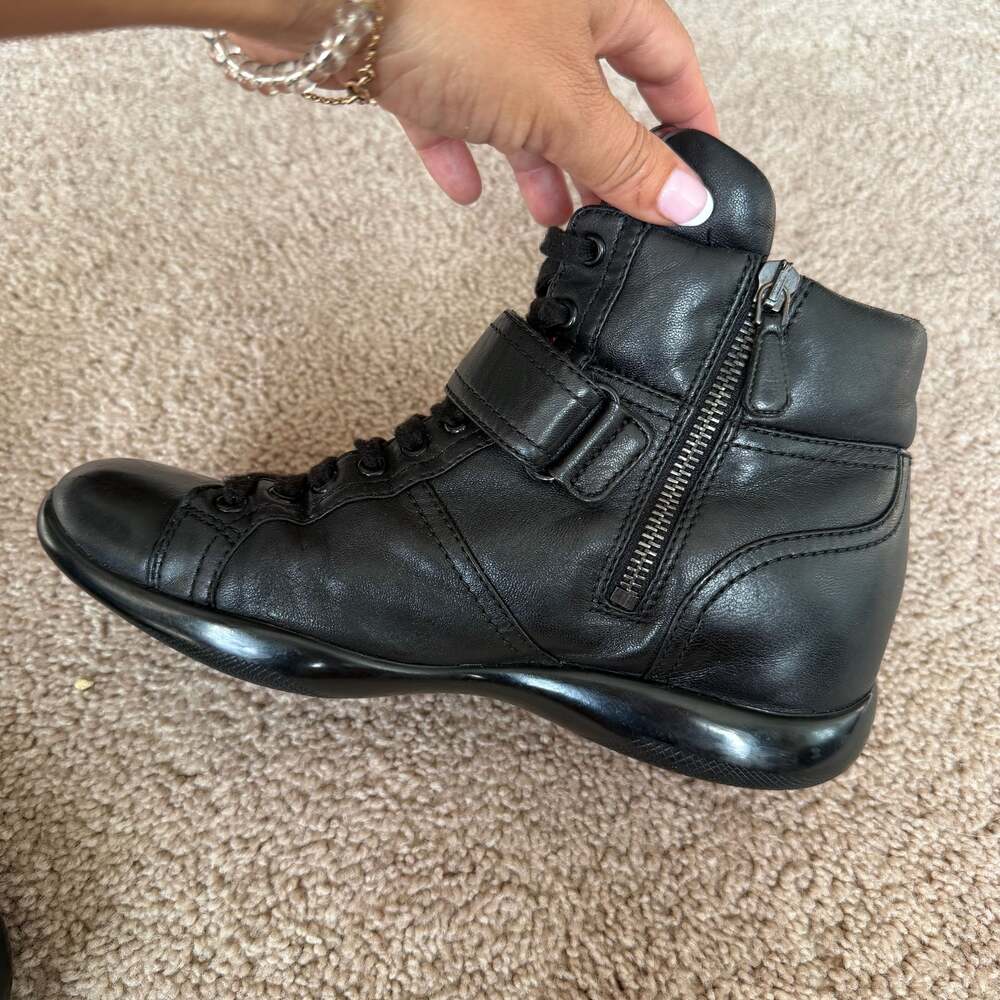 PRADA High-Top Black Soft Leather Sneakers Women’s Size 7 - Picture 6 of 10